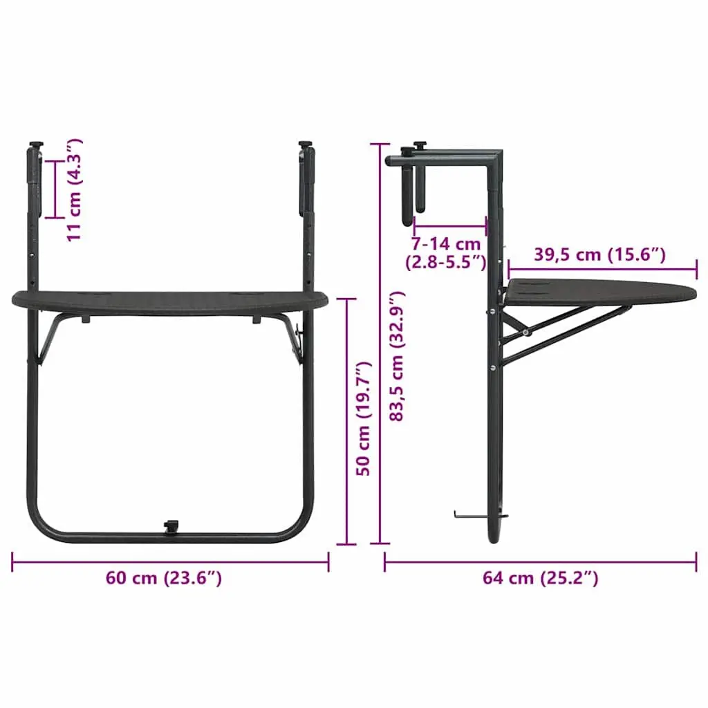 Hanging Balcony Table Steel Frame Plastic Top Foldable Rattan Look Brown 60L x 64W x 83.5H cm