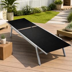 Black Sun Lounger Outdoor Daybed Garden Lounging Chair Steel Frame Textilene