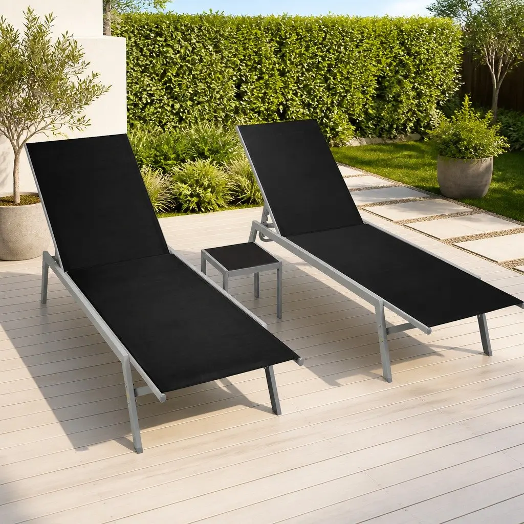 Sun Loungers Set Steel Frame Textilene Black 2 Piece with Table