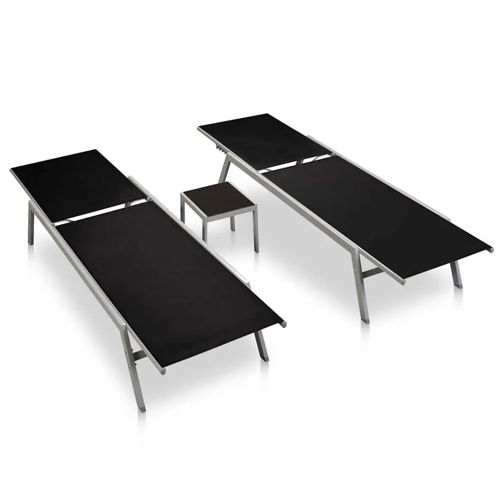 Sun Loungers Set Steel Frame Textilene Black 2 Piece with Table