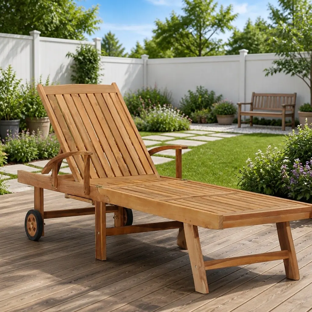 Teak Wood Sun Lounger Outdoor Daybed Adjustable Backrest 4 Positions Brown with Wheels