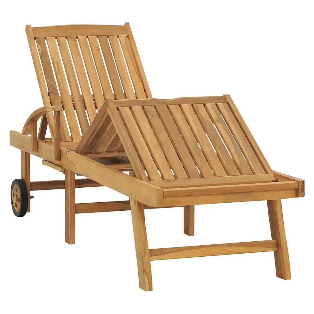 Teak Wood Sun Lounger Outdoor Daybed Adjustable Backrest 4 Positions Brown with Wheels