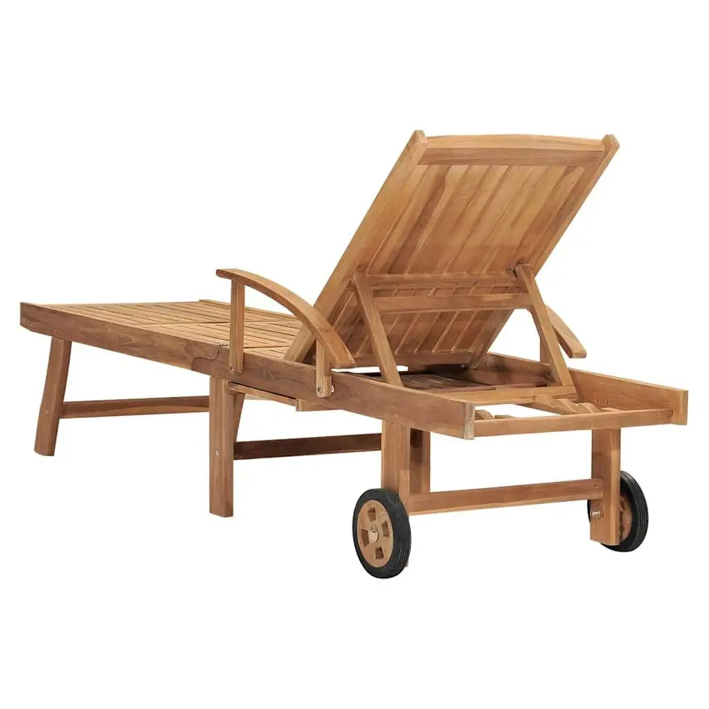 Teak Wood Sun Lounger Outdoor Daybed Adjustable Backrest 4 Positions Brown with Wheels