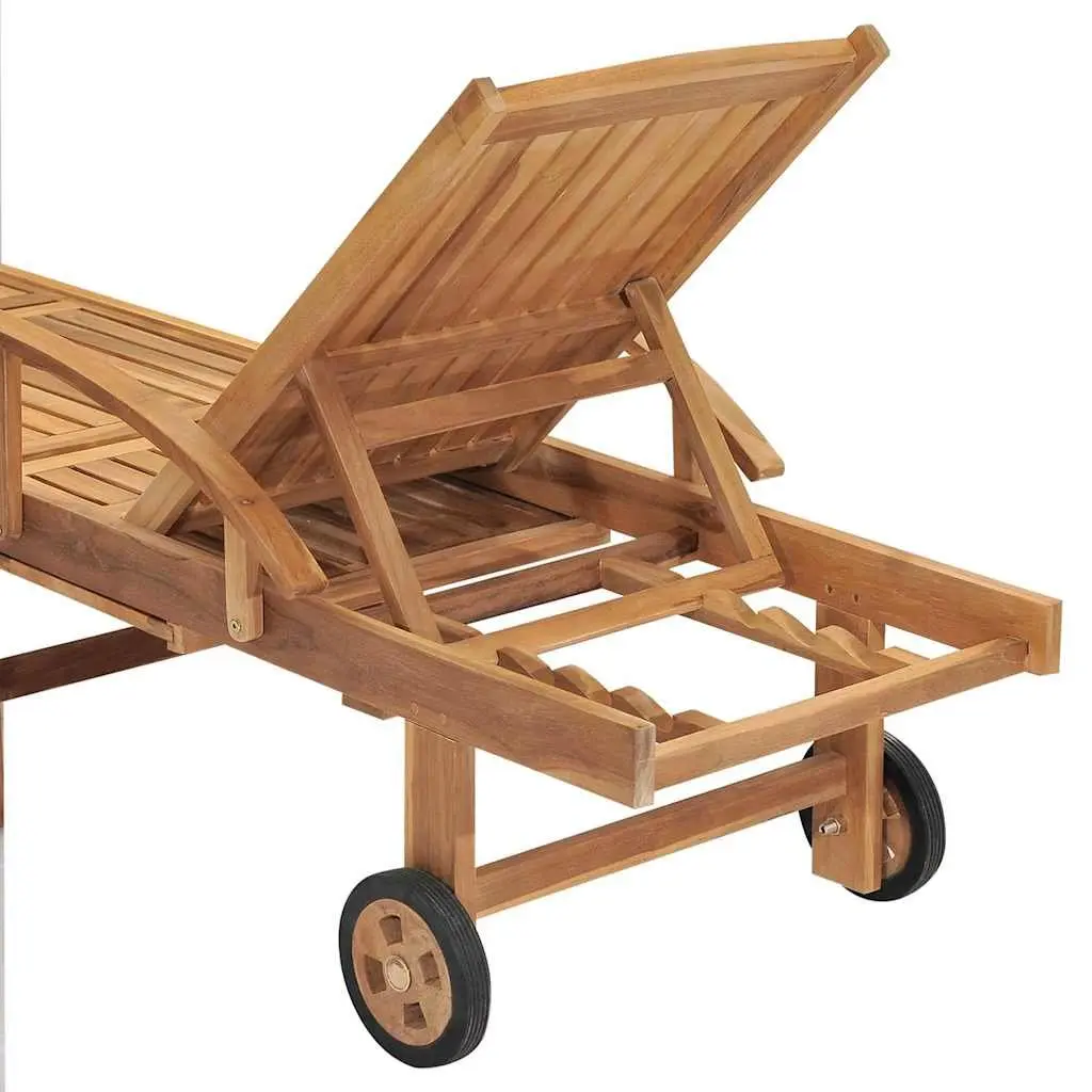 Teak Wood Sun Lounger Outdoor Daybed Adjustable Backrest 4 Positions Brown with Wheels