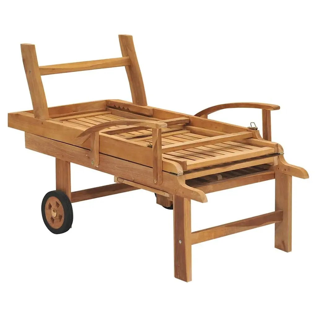Teak Wood Sun Lounger Outdoor Daybed Adjustable Backrest 4 Positions Brown with Wheels