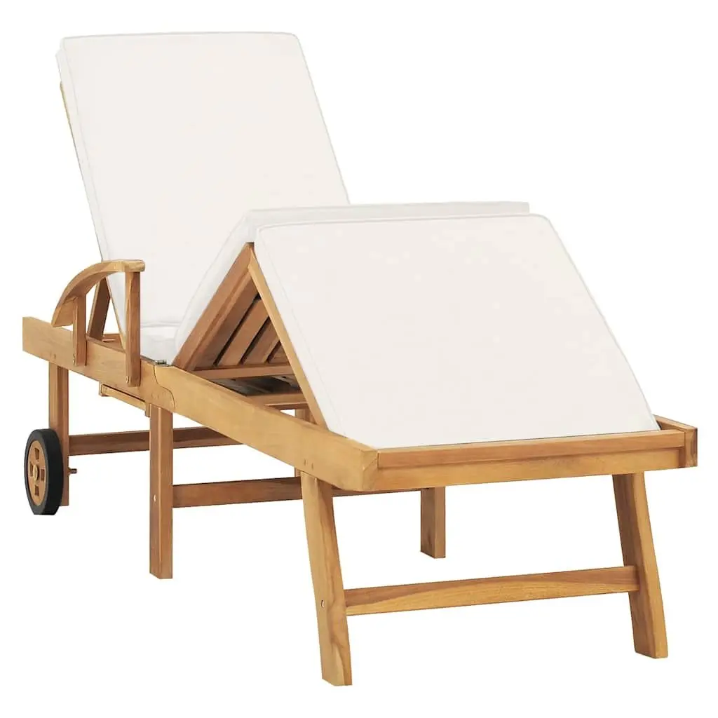 Sun Lounger Solid Teak Wood Adjustable Backrest Cream Outdoor Garden Deck Chair with Wheels