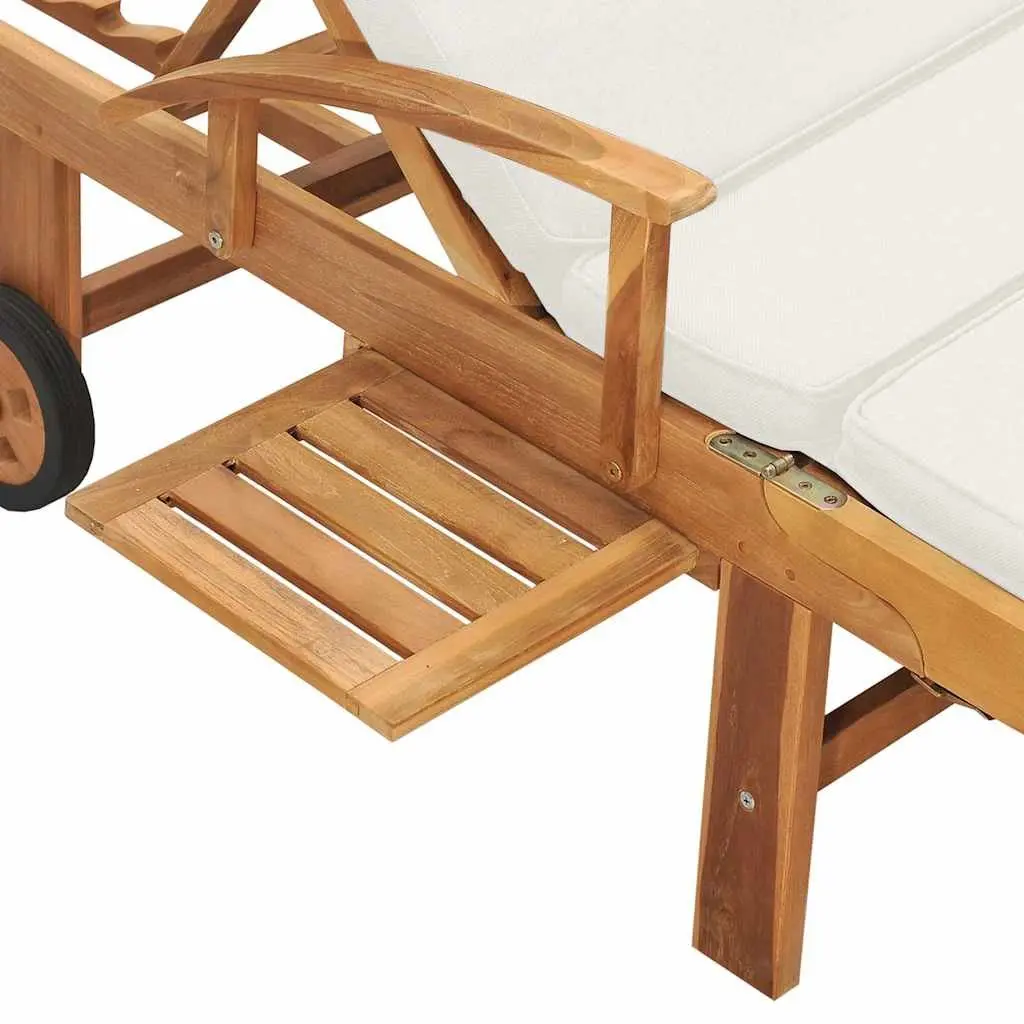 Sun Lounger Solid Teak Wood Adjustable Backrest Cream Outdoor Garden Deck Chair with Wheels