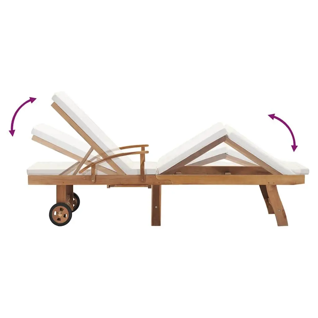 Sun Lounger Solid Teak Wood Adjustable Backrest Cream Outdoor Garden Deck Chair with Wheels