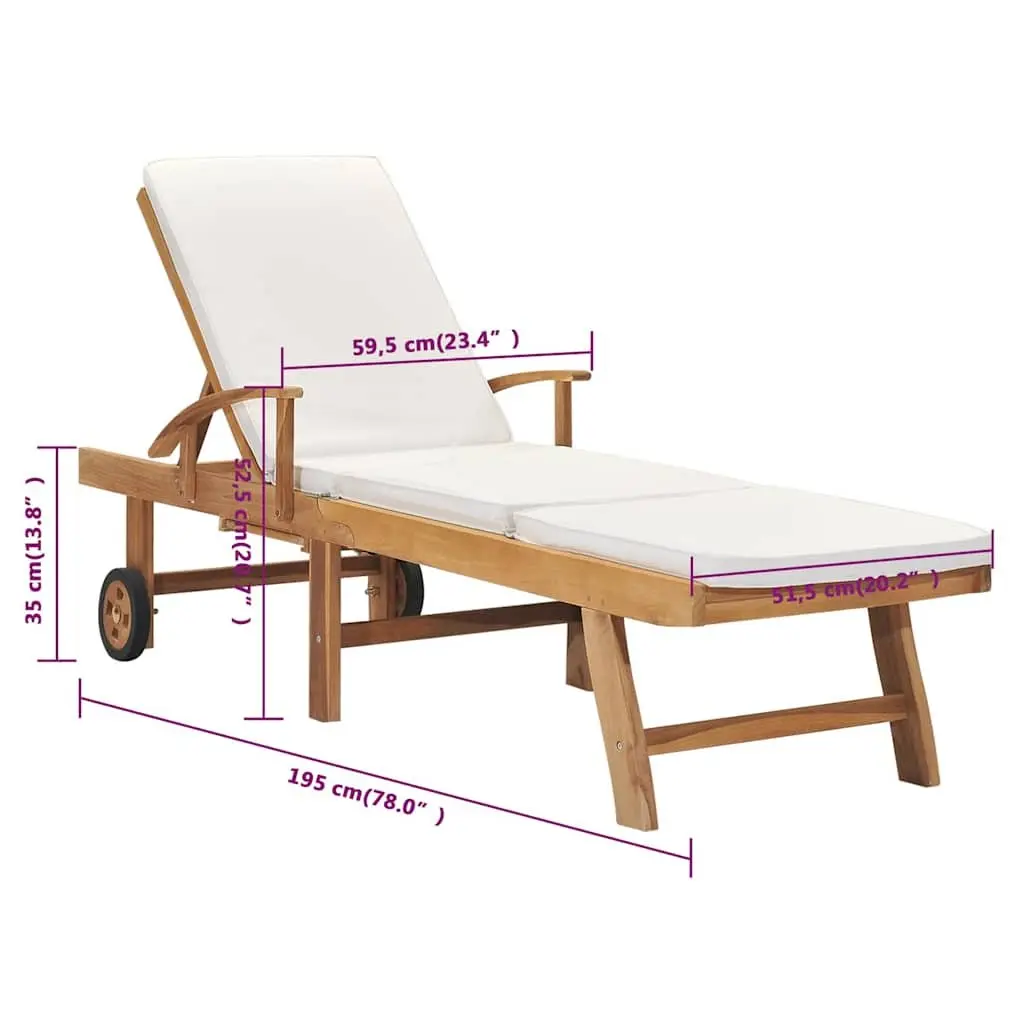 Sun Lounger Solid Teak Wood Adjustable Backrest Cream Outdoor Garden Deck Chair with Wheels