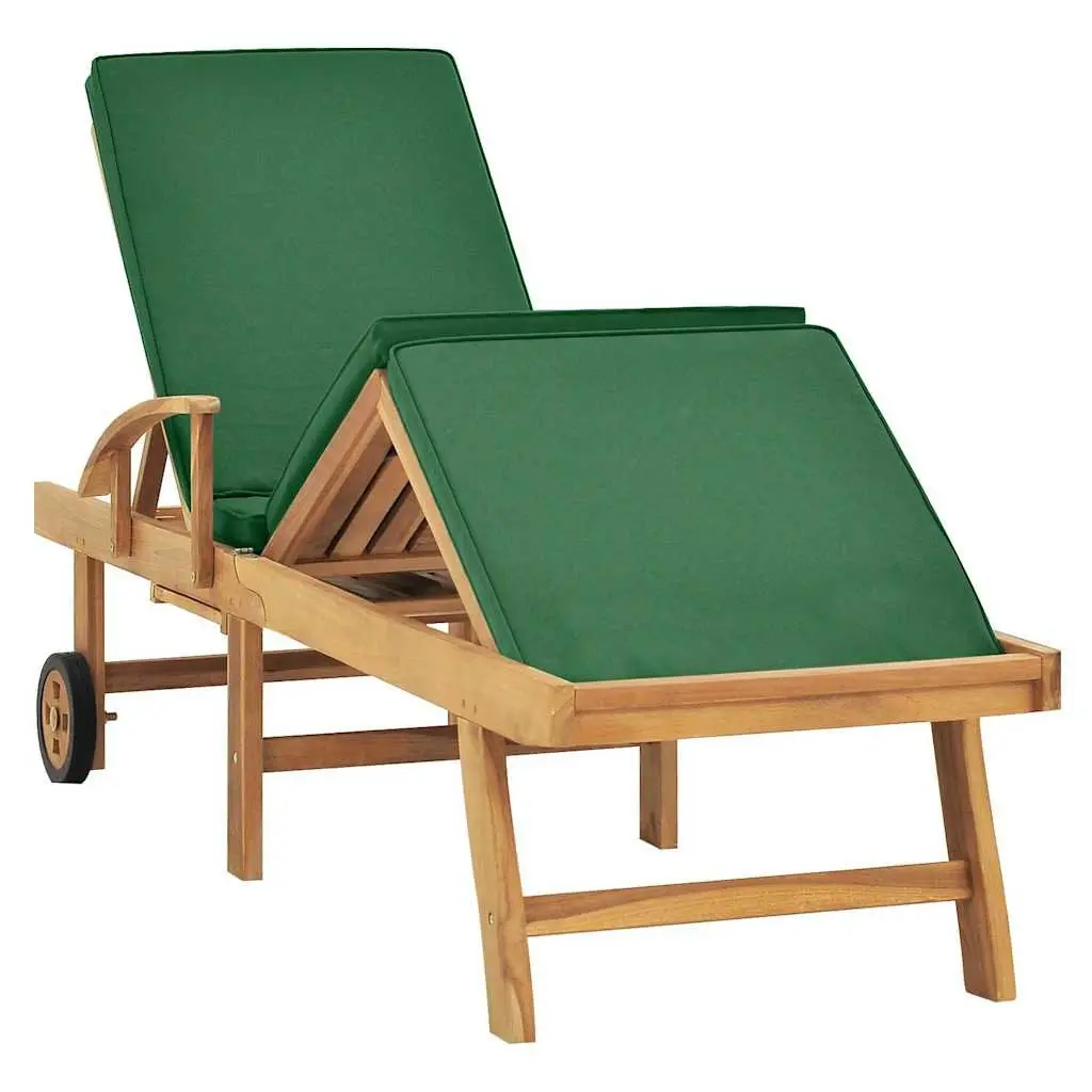 Teak Wood Sun Lounger Outdoor Adjustable Backrest Garden Chair with Green Cushion and Sliding Table