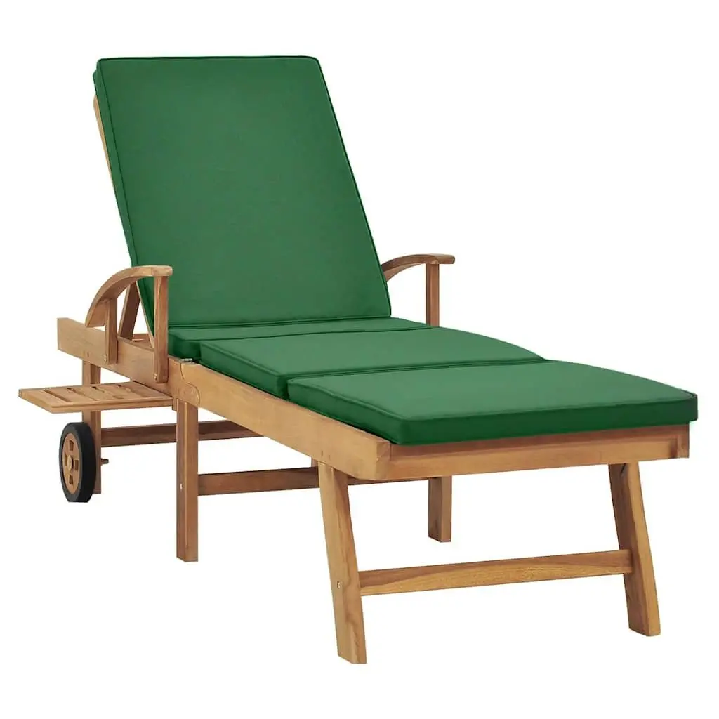 Teak Wood Sun Lounger Outdoor Adjustable Backrest Garden Chair with Green Cushion and Sliding Table