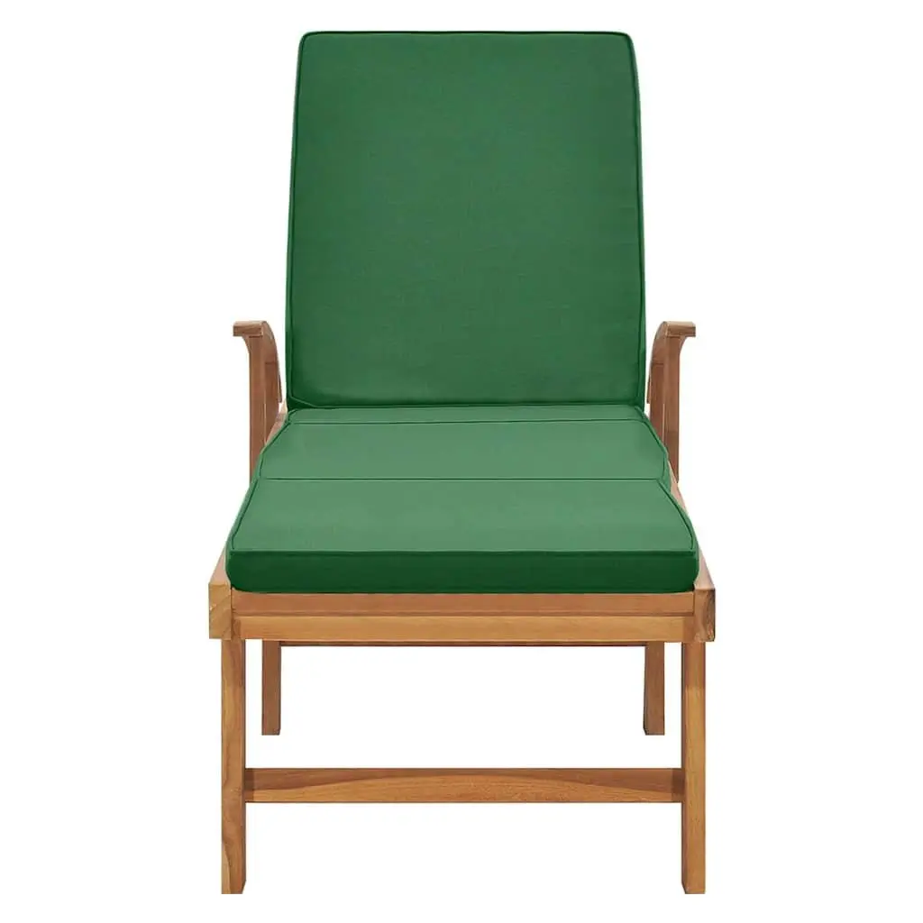 Teak Wood Sun Lounger Outdoor Adjustable Backrest Garden Chair with Green Cushion and Sliding Table