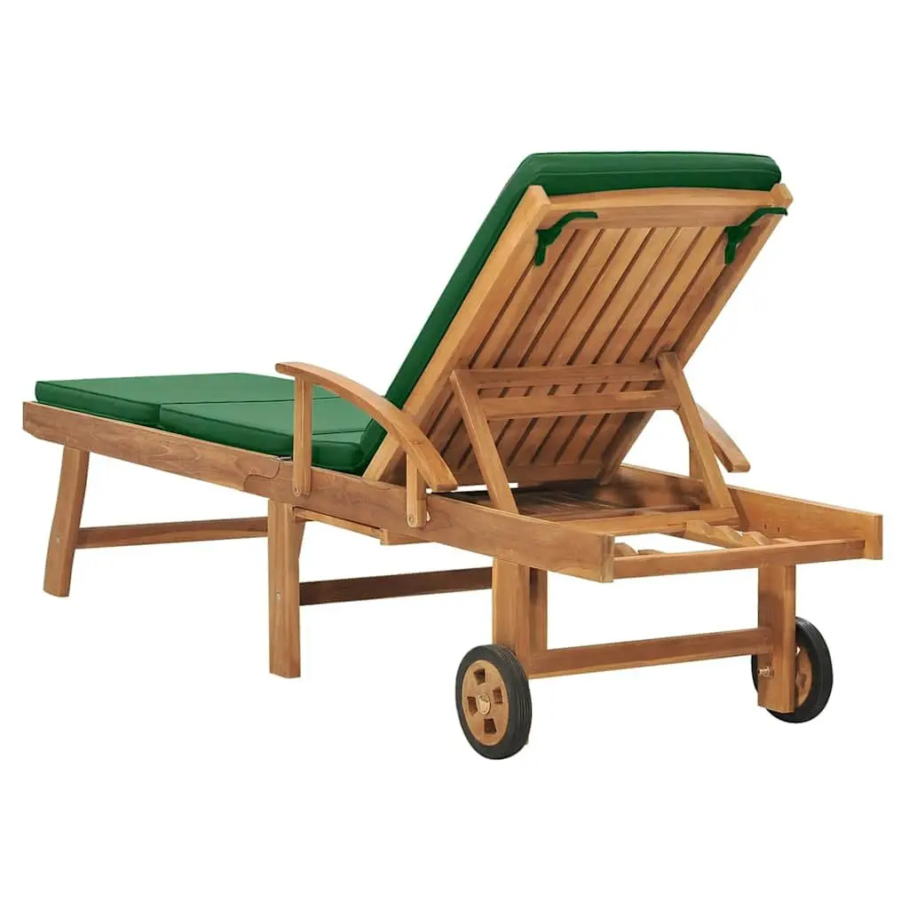 Teak Wood Sun Lounger Outdoor Adjustable Backrest Garden Chair with Green Cushion and Sliding Table
