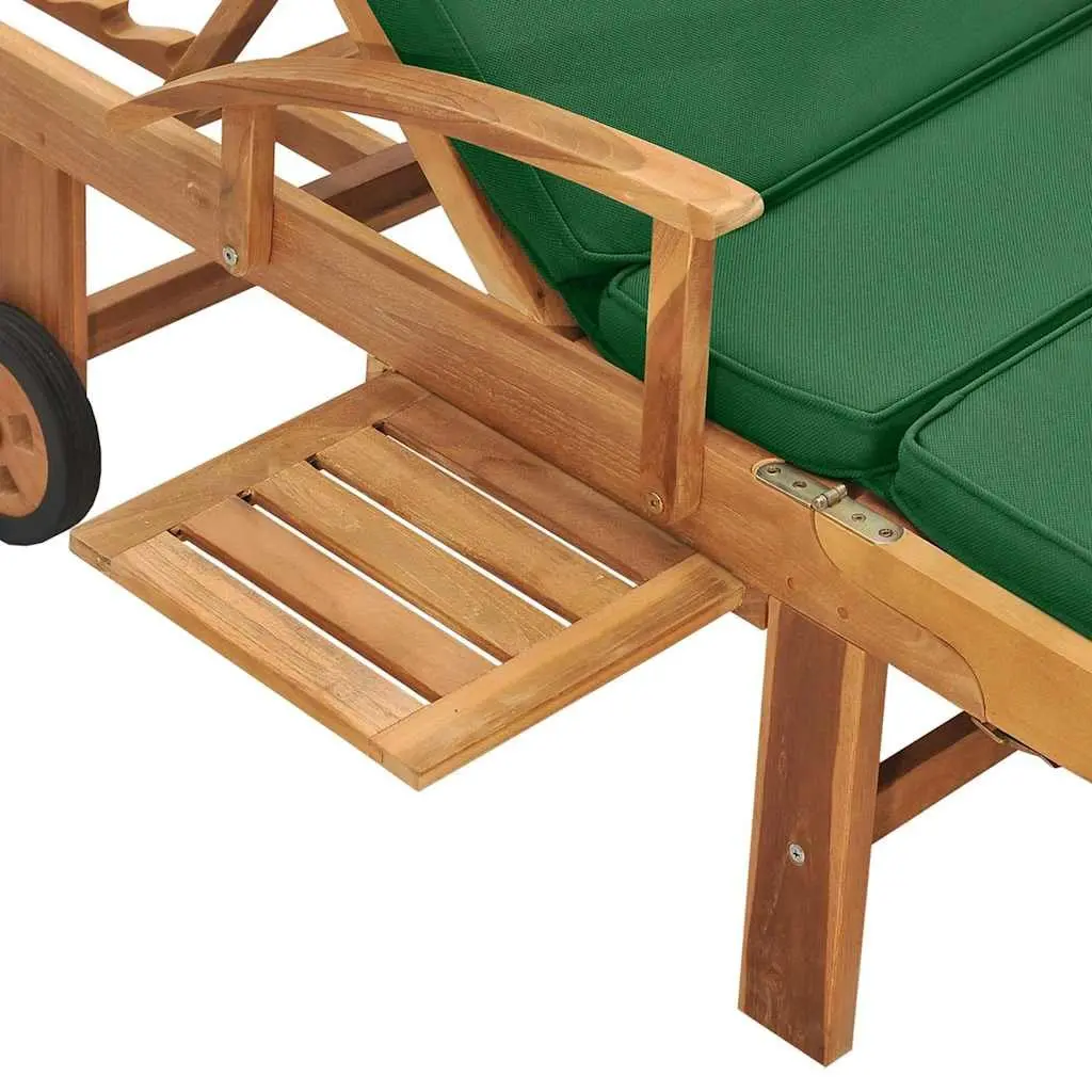 Teak Wood Sun Lounger Outdoor Adjustable Backrest Garden Chair with Green Cushion and Sliding Table