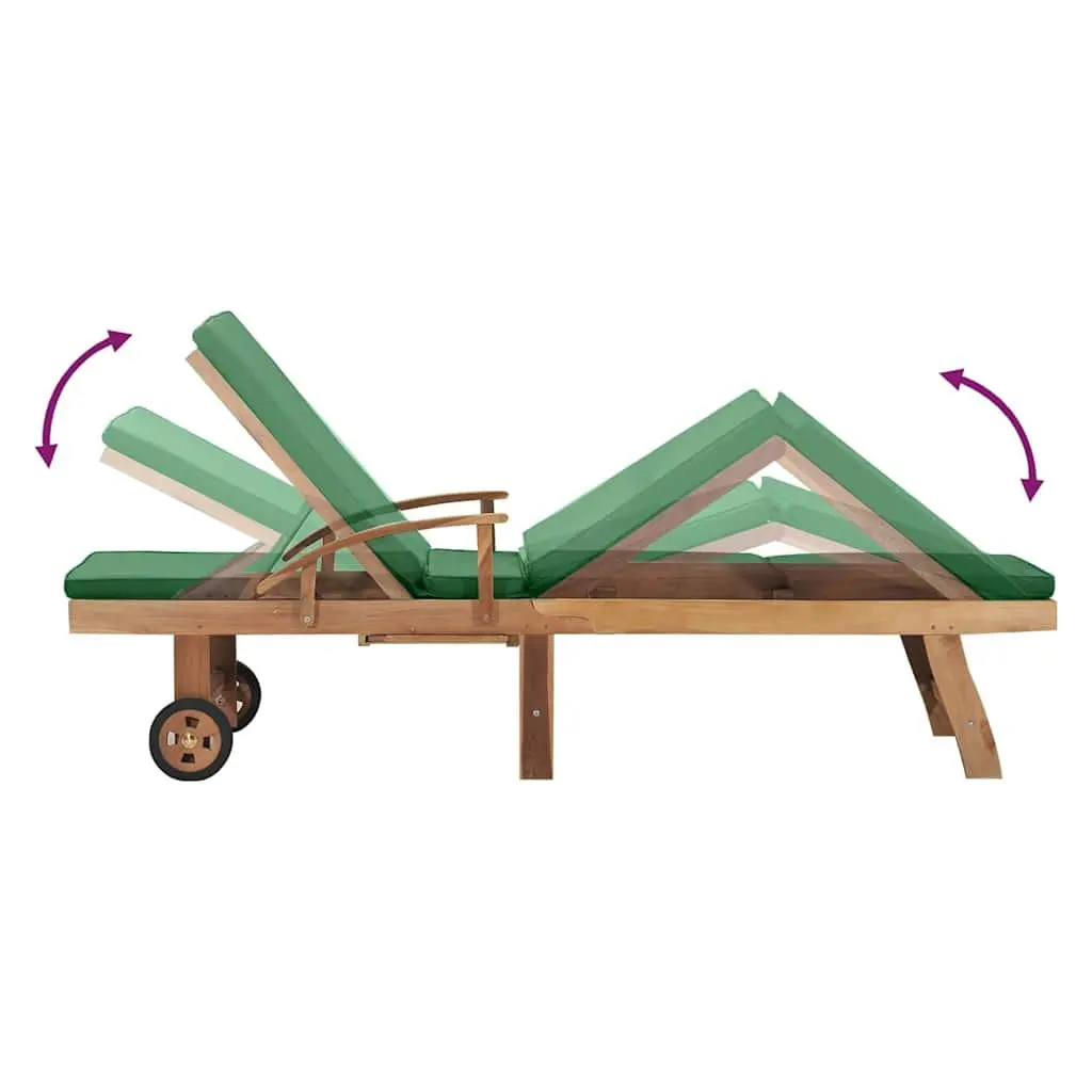 Teak Wood Sun Lounger Outdoor Adjustable Backrest Garden Chair with Green Cushion and Sliding Table