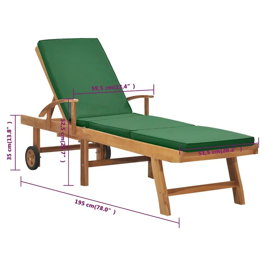 Teak Wood Sun Lounger Outdoor Adjustable Backrest Garden Chair with Green Cushion and Sliding Table