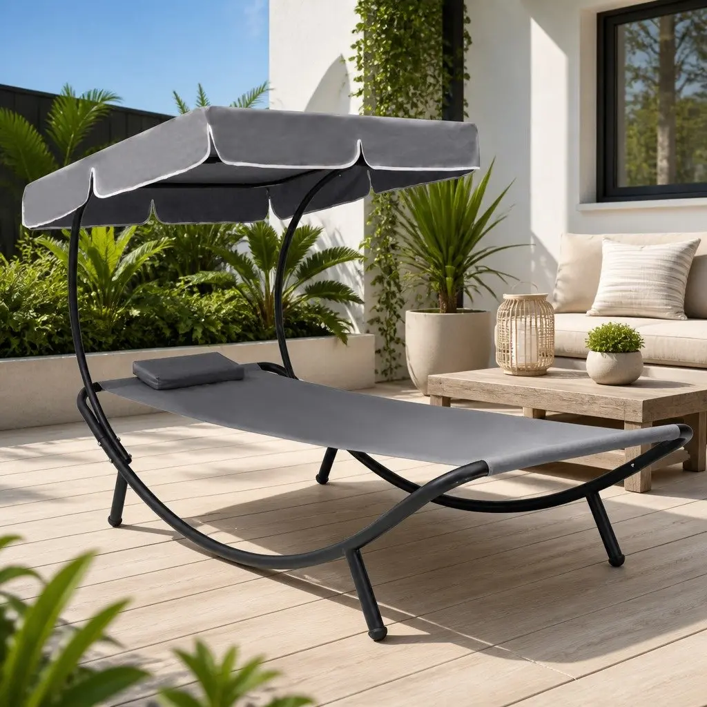 Outdoor Sun Lounger Bed with Canopy Pillow Grey Garden Patio Relaxation