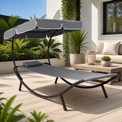 Outdoor Sun Lounger Bed with Canopy Pillow Grey Garden Patio Relaxation