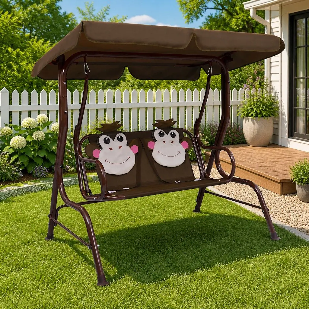 Kids Swing Bench Steel Frame 115 x 75 x 110 cm Brown with Sunshade Canopy