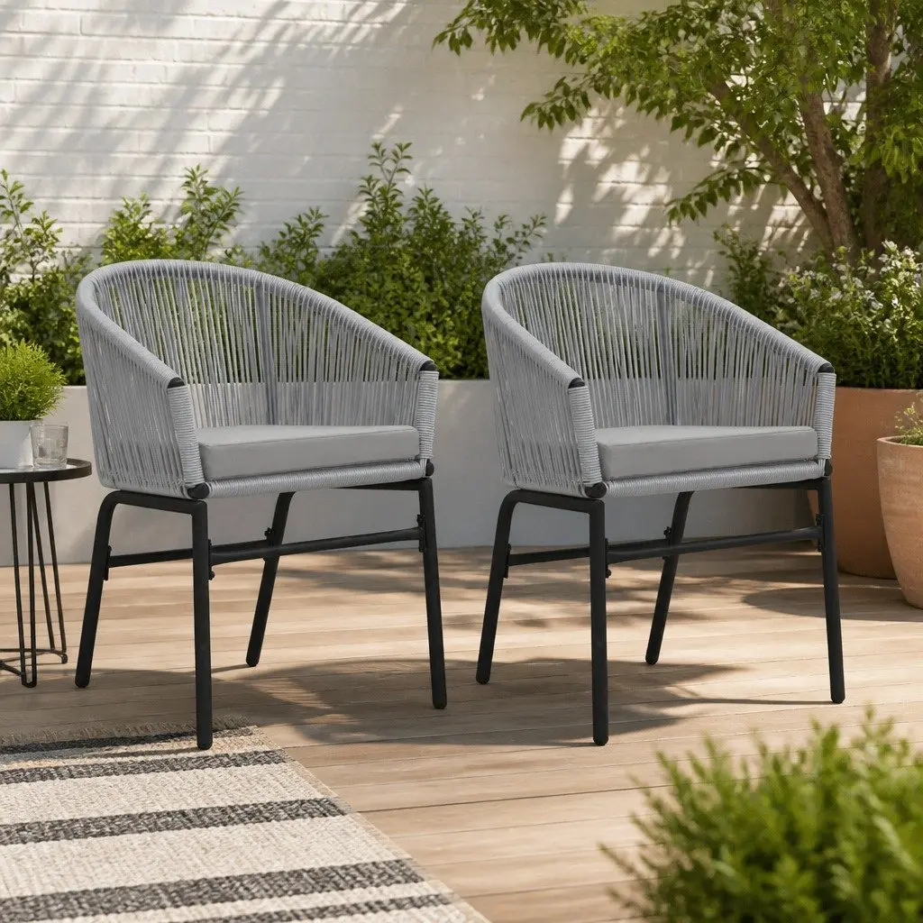 Outdoor Chairs PE Rattan Steel Frame 2 Piece Grey Garden Seating with Cushions