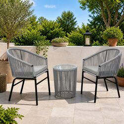 3 Piece Bistro Lounge Set Outdoor Grey PE Rattan Chairs Side Table Cushions