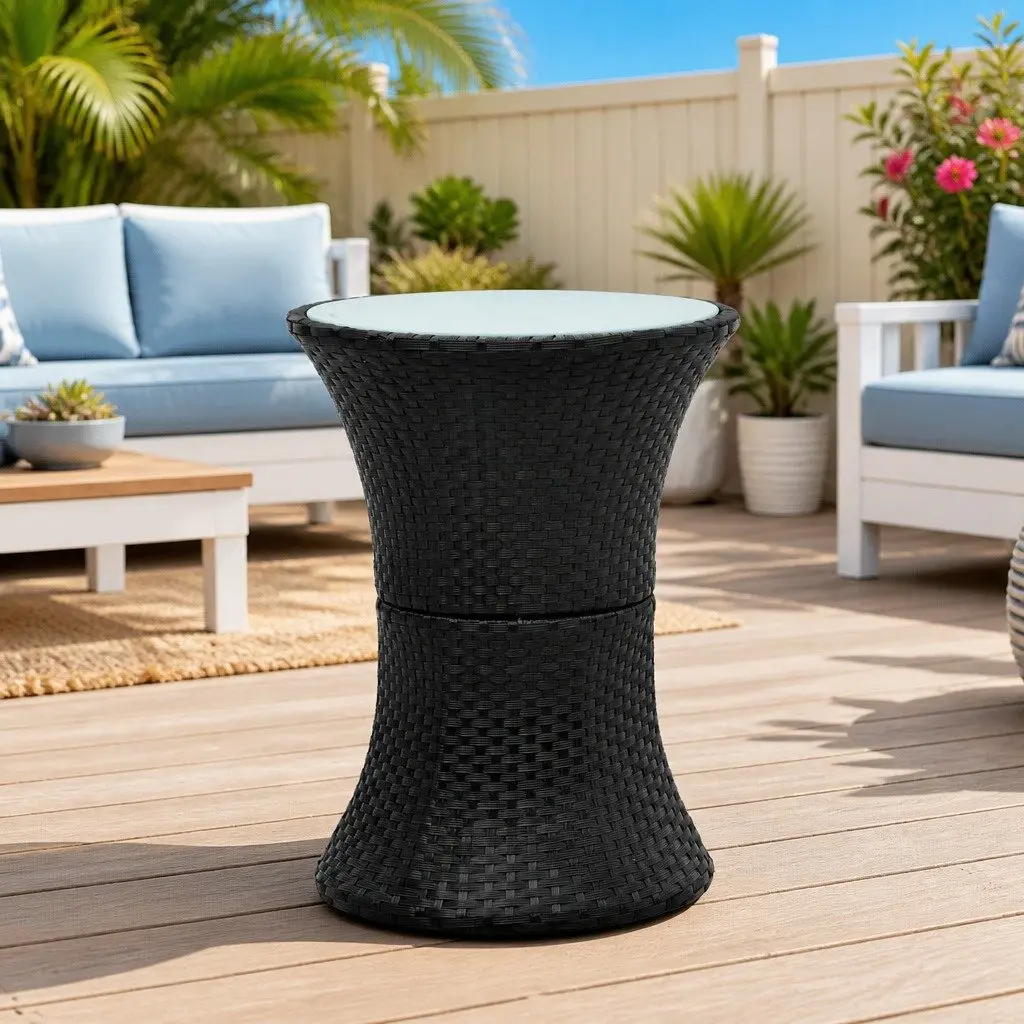Drum Shape Garden Side Table Outdoor Rattan Black Tempered Glass Top Easy Assembly
