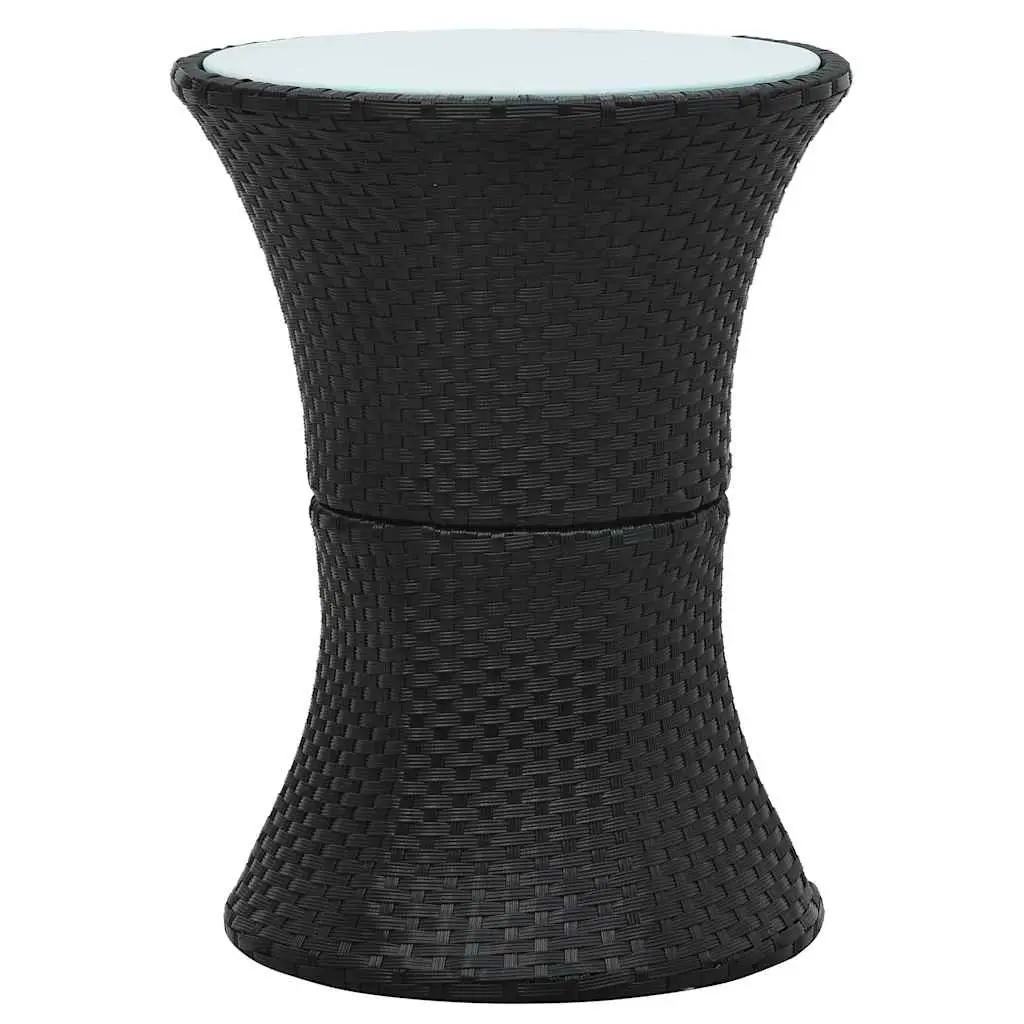 Drum Shape Garden Side Table Outdoor Rattan Black Tempered Glass Top Easy Assembly
