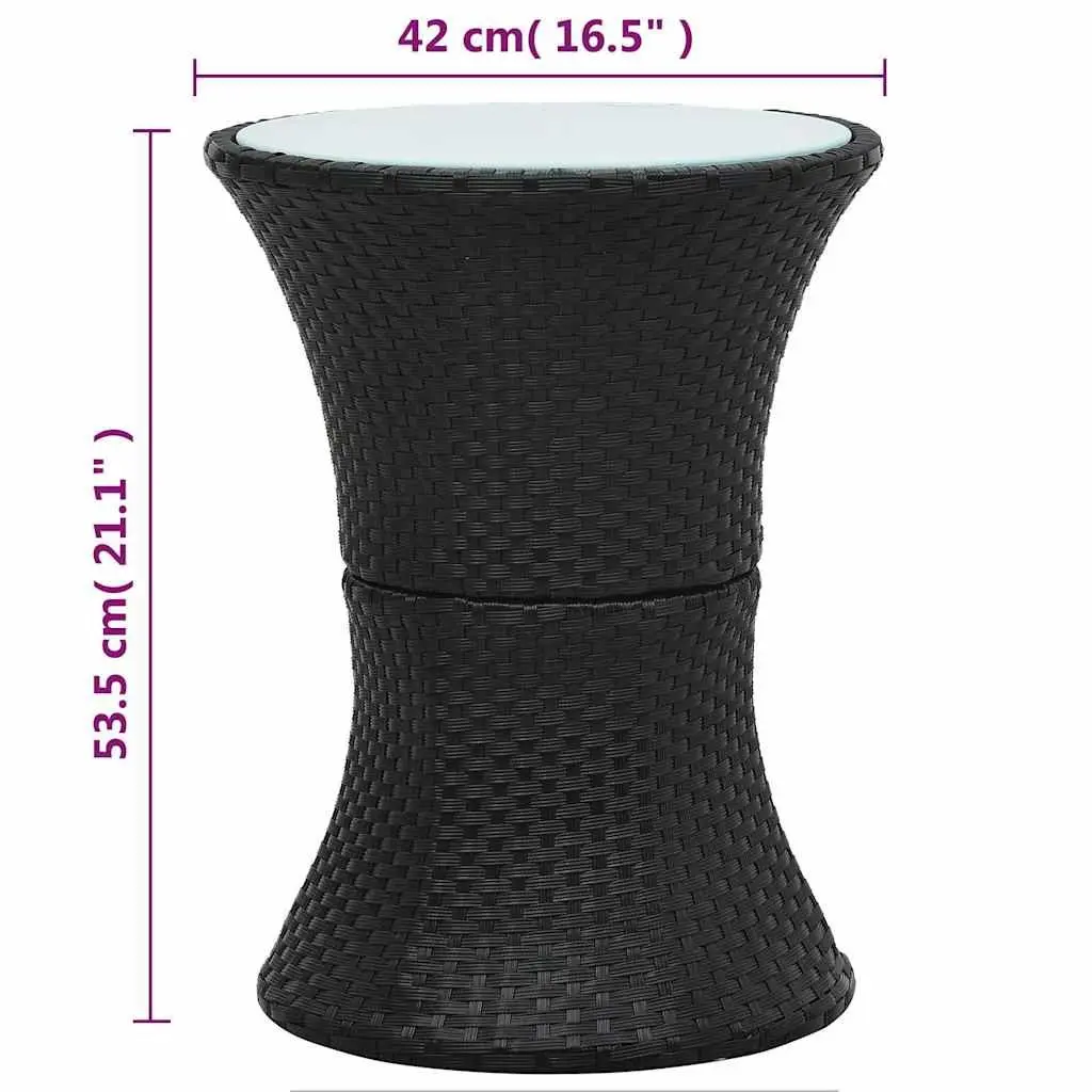 Drum Shape Garden Side Table Outdoor Rattan Black Tempered Glass Top Easy Assembly