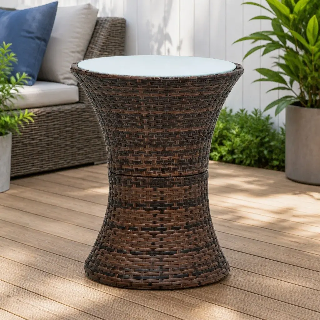 Drum Shape Side Table Hand-Woven Poly Rattan Brown Weather Resistant Outdoor Furniture