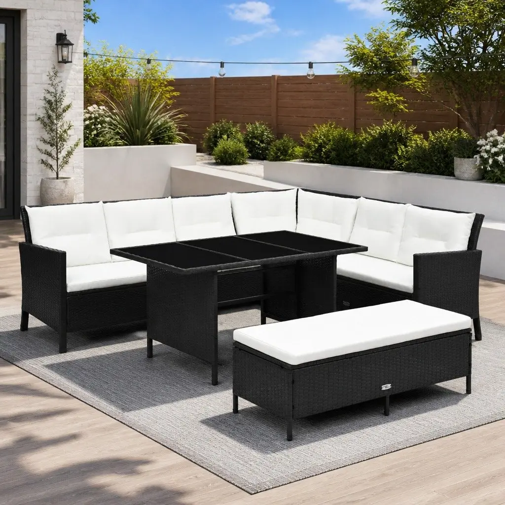 3 Piece Outdoor Lounge Set Weather-Resistant PE Rattan Black Patio Sofa Bench Table