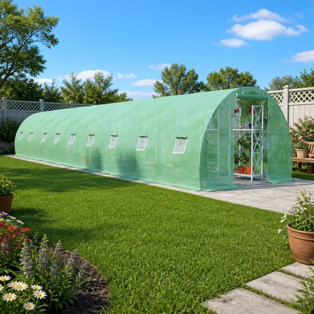 Greenhouse Outdoor Plant House 15x3x2m Durable PE Mesh Fabric Galvanised Steel Frame with Ventilation Windows and Door 45m²