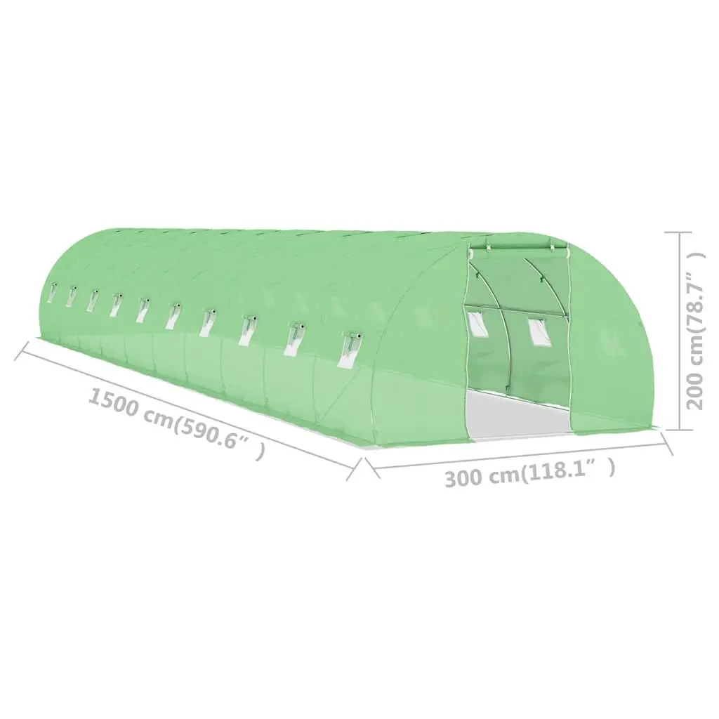 Greenhouse Outdoor Plant House 15x3x2m Durable PE Mesh Fabric Galvanised Steel Frame with Ventilation Windows and Door 45m²