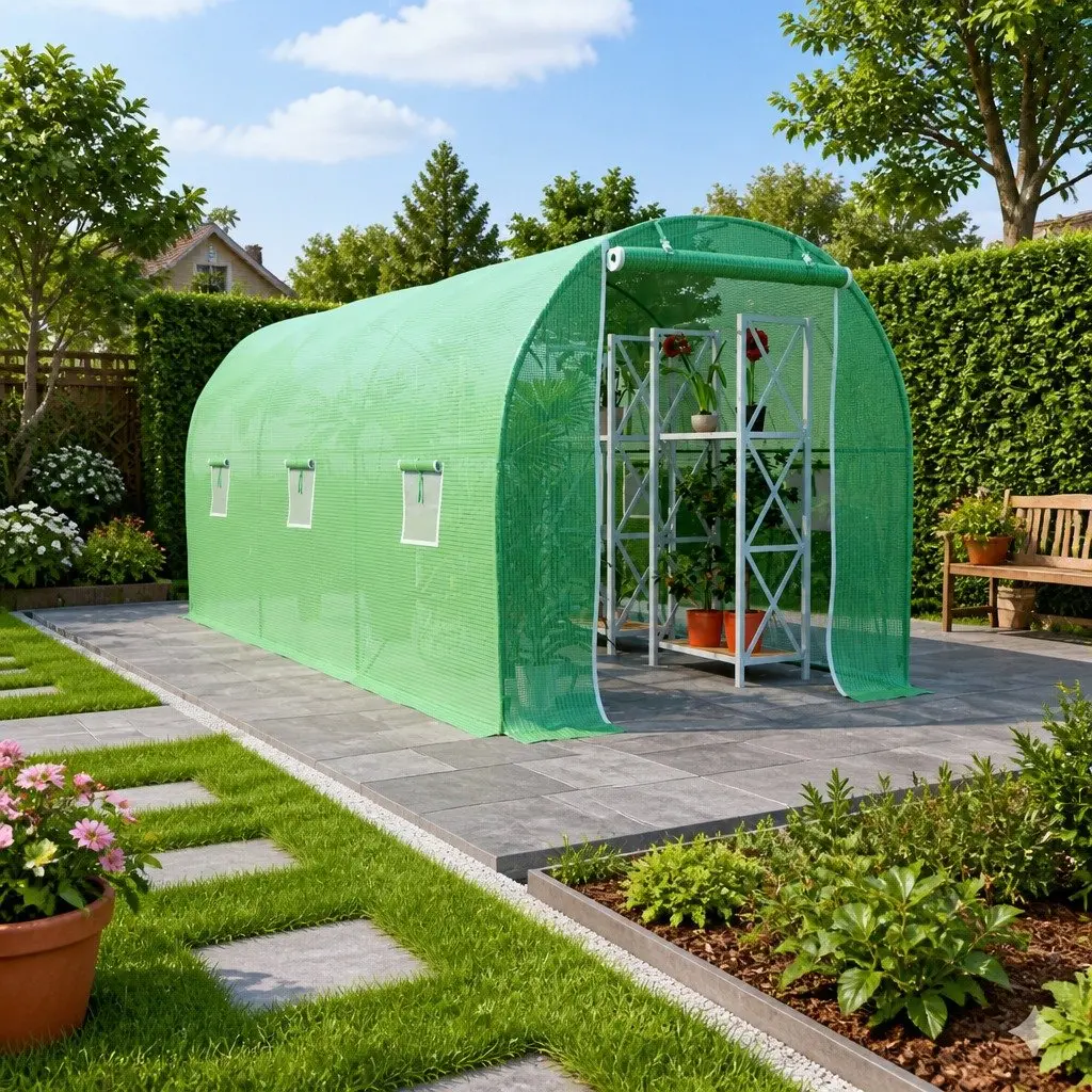 Greenhouse PE Mesh Fabric 4.5x2x2 m Green 9 m² Galvanised Steel Frame Ventilation Windows Single Door