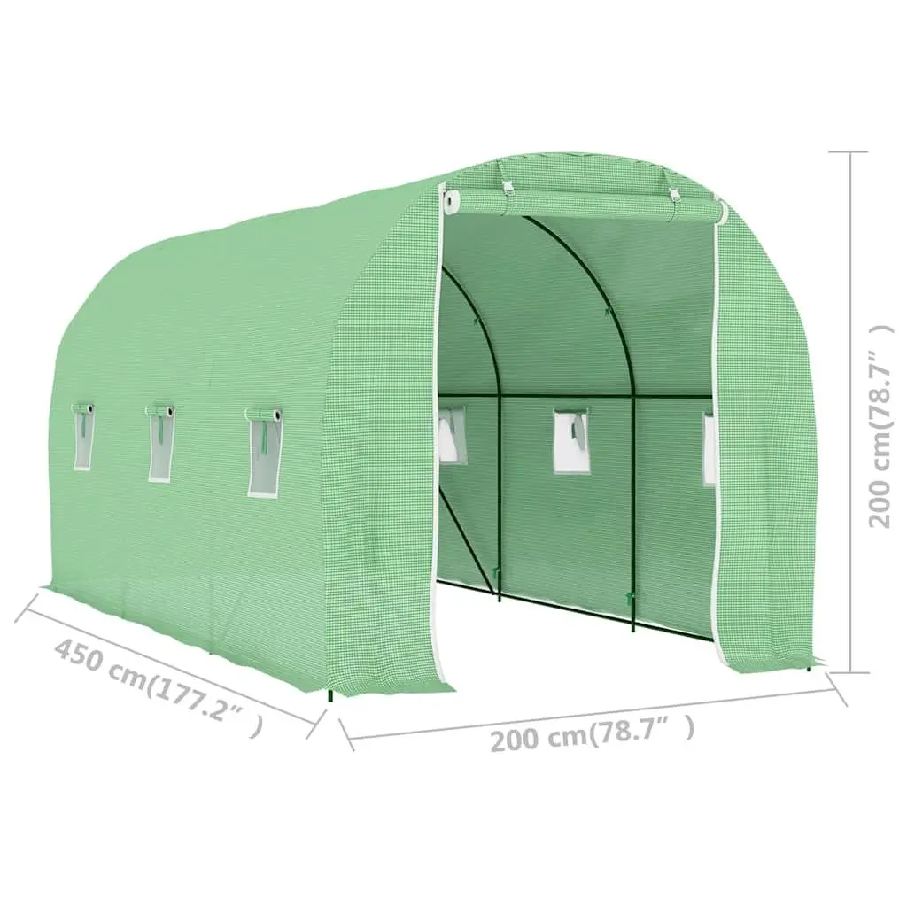 Greenhouse PE Mesh Fabric 4.5x2x2 m Green 9 m² Galvanised Steel Frame Ventilation Windows Single Door