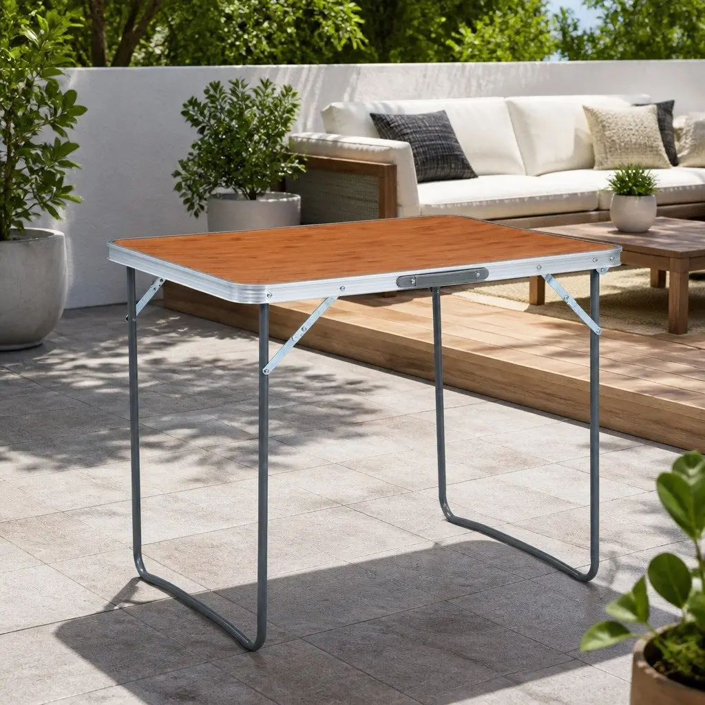 Foldable Camping Table Metal Frame 80 x 60 cm Brown
