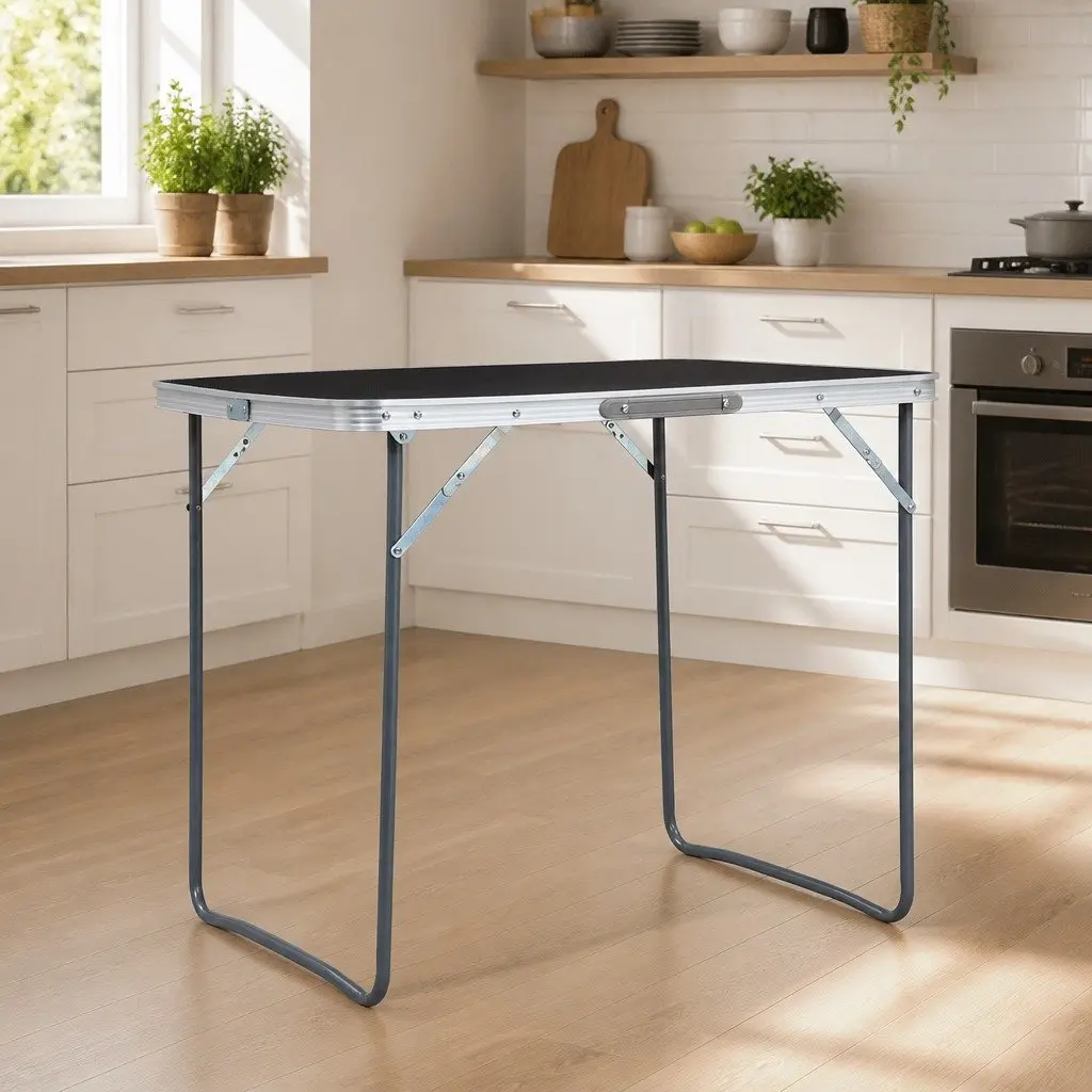 Foldable Camping Table Engineered Wood Top 80x60cm Grey Metal Frame