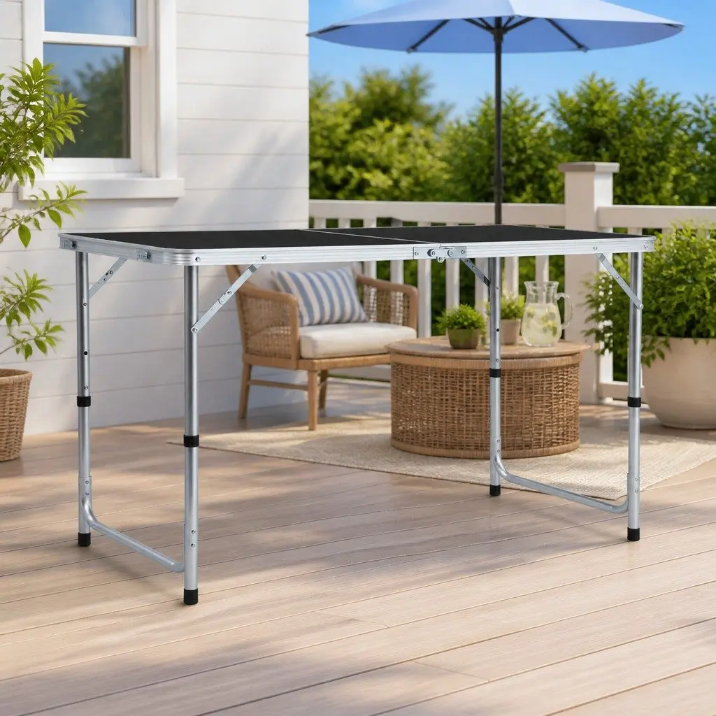 Foldable Camping Table Metal Frame MDF Top Adjustable Height Grey