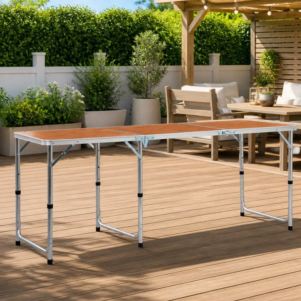 Portable Camping Table Brown Metal MDF 180x60cm Adjustable Height for Outdoor Picnic