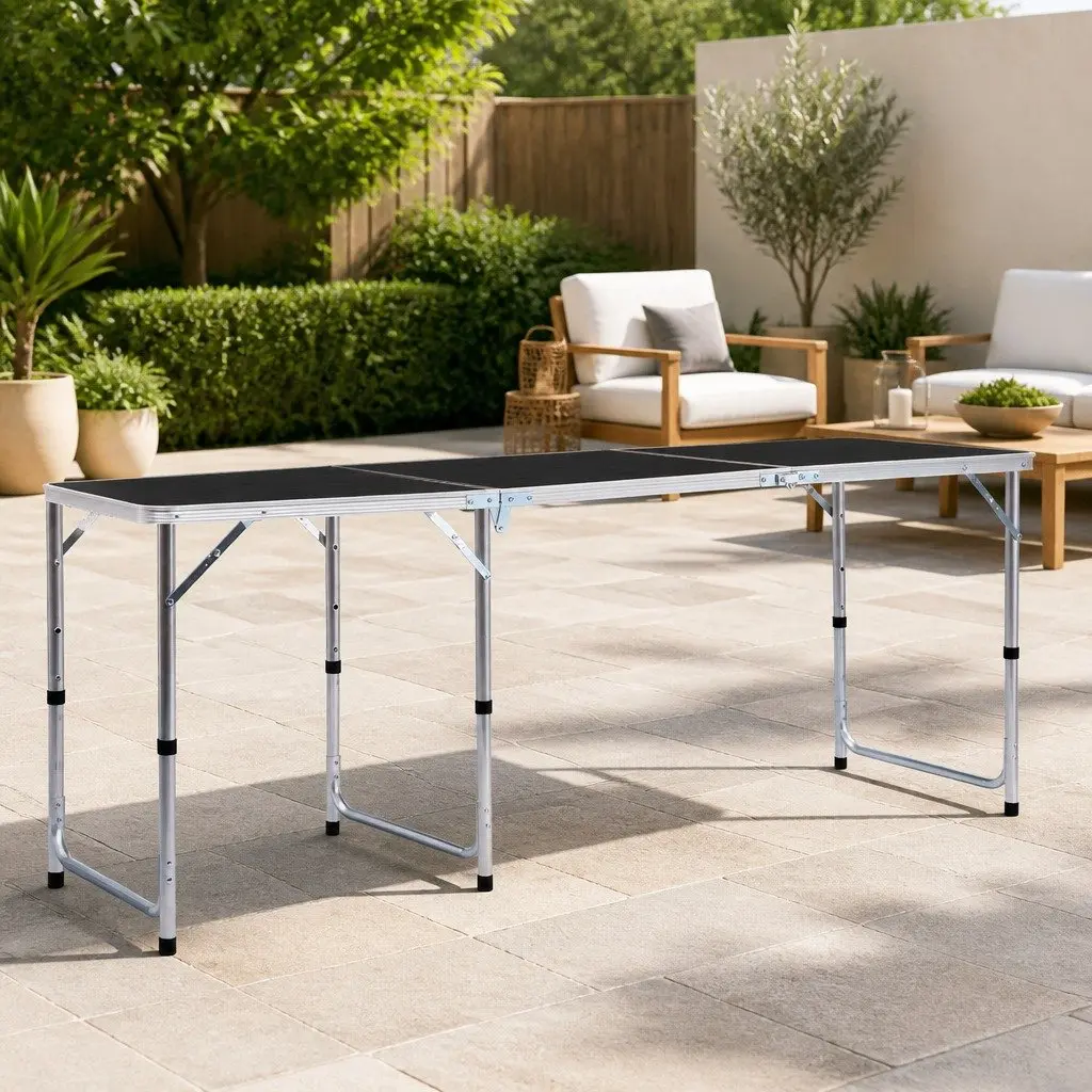 Foldable Camping Table Metal Frame MDF Top Adjustable Height Grey 180 x 60 cm