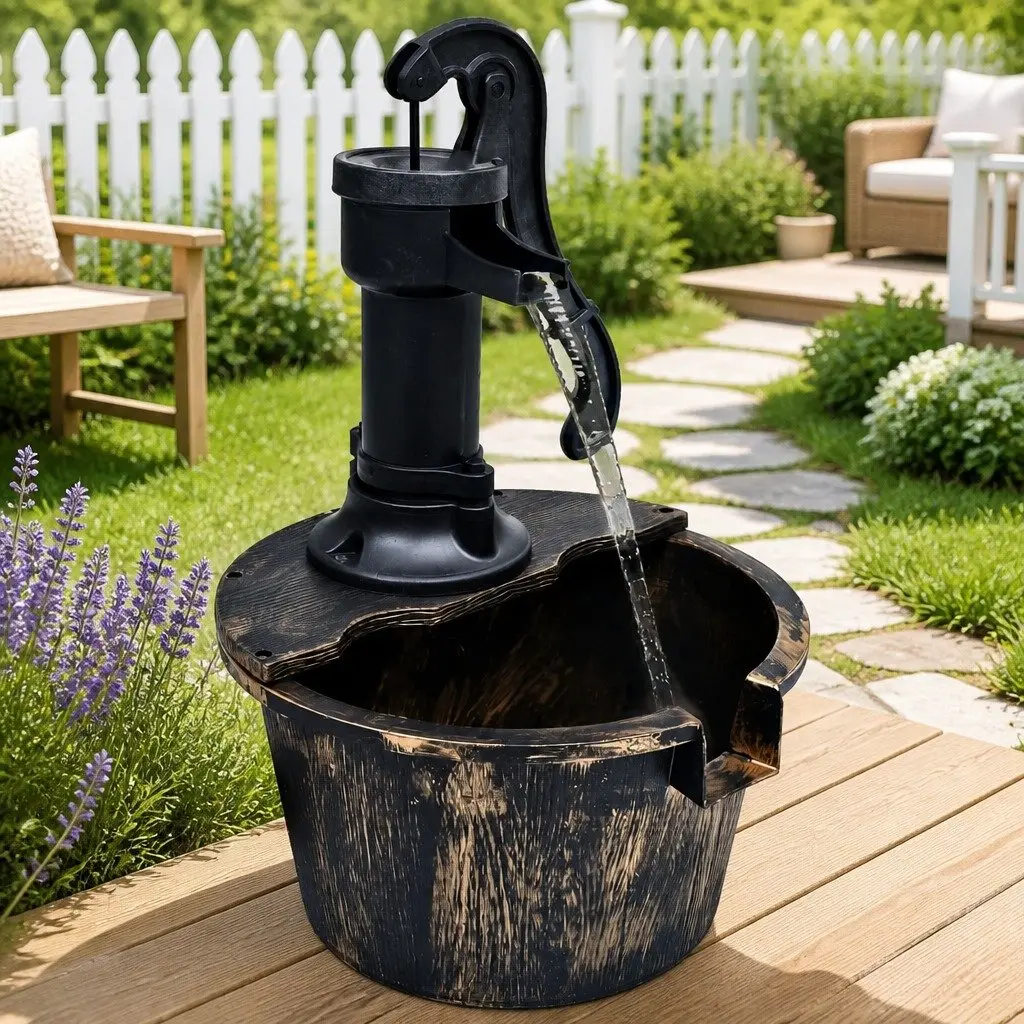 Garden Water Fountain Barrel with Pump Brown Outdoor Patio Decor
