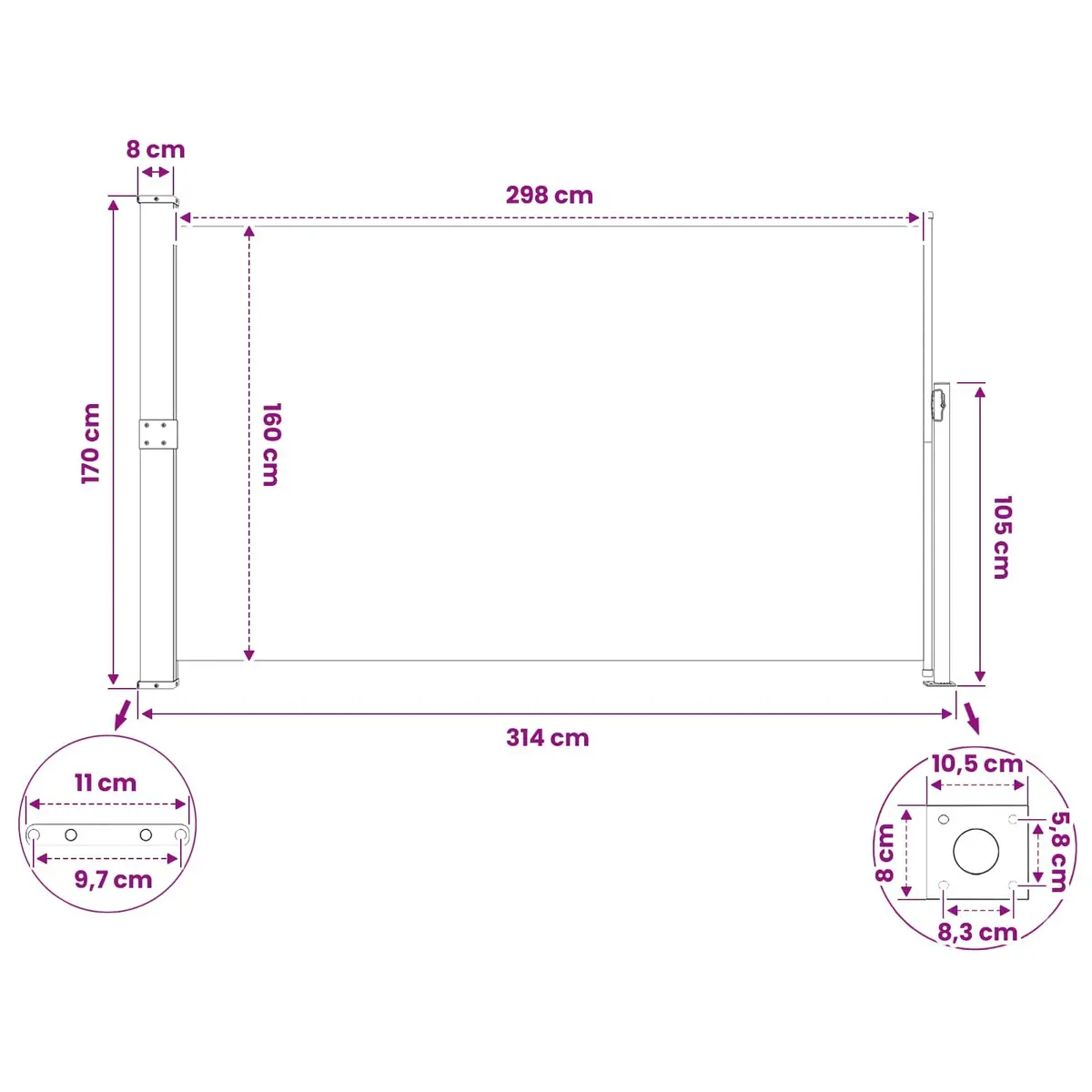 Retractable Side Awning Polyester 170x300cm Grey Outdoor Privacy Screen