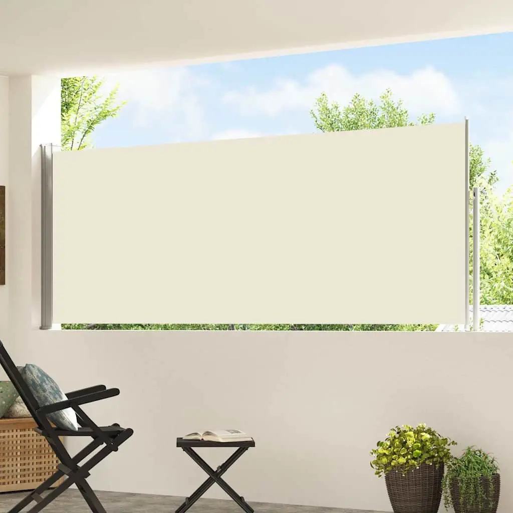 Retractable Awning Cream Polyester 117x514cm Privacy Screen Steel Base Outdoor Shade