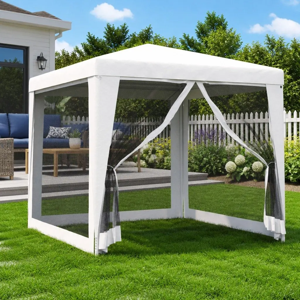 Party Tent Iron 2.5x2.5m Outdoor Gazebo White with Mesh Sidewalls