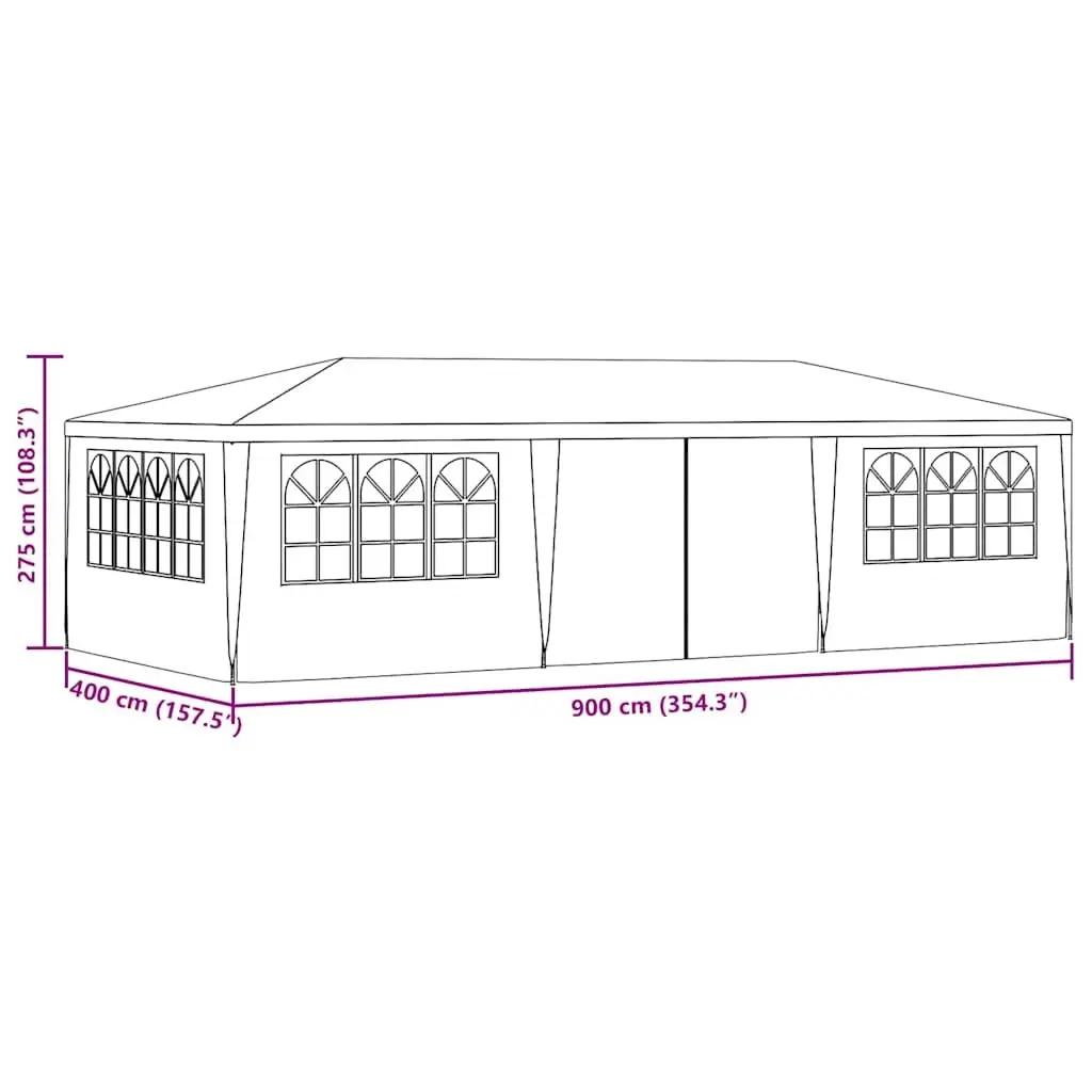 Party Tent Polyethylene 4x9m White with Side Walls Windows Door