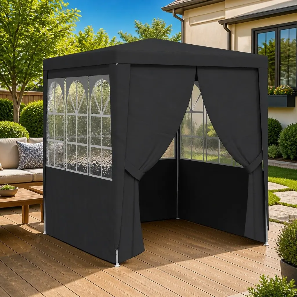 Outdoor Gazebo Canopy Party Tent Anthracite 2x2m with Side Walls Windows and Zippered Door Polyethylene and Steel Construction