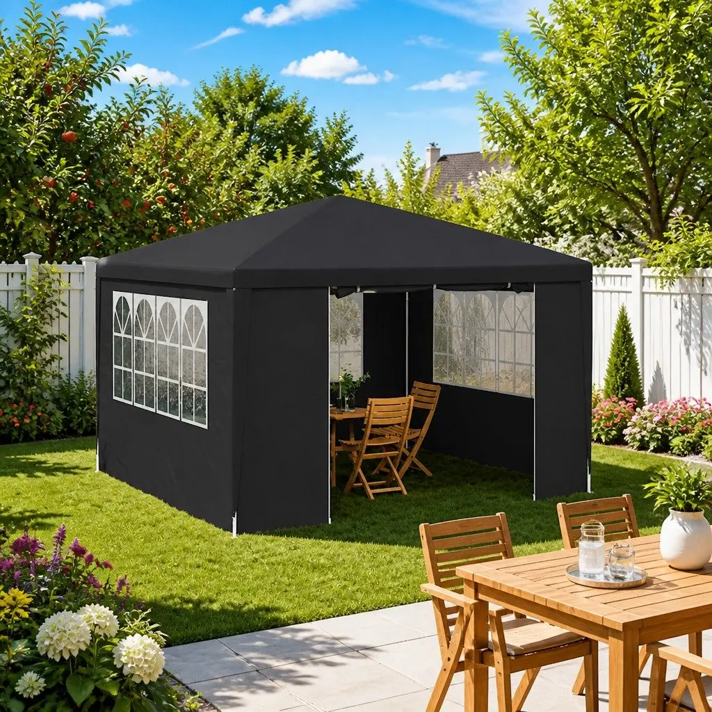 Garden Gazebo Canopy Outdoor Party Tent Anthracite 4x4m with Side Walls Polyethylene Fabric Rust Resistant Steel Frame