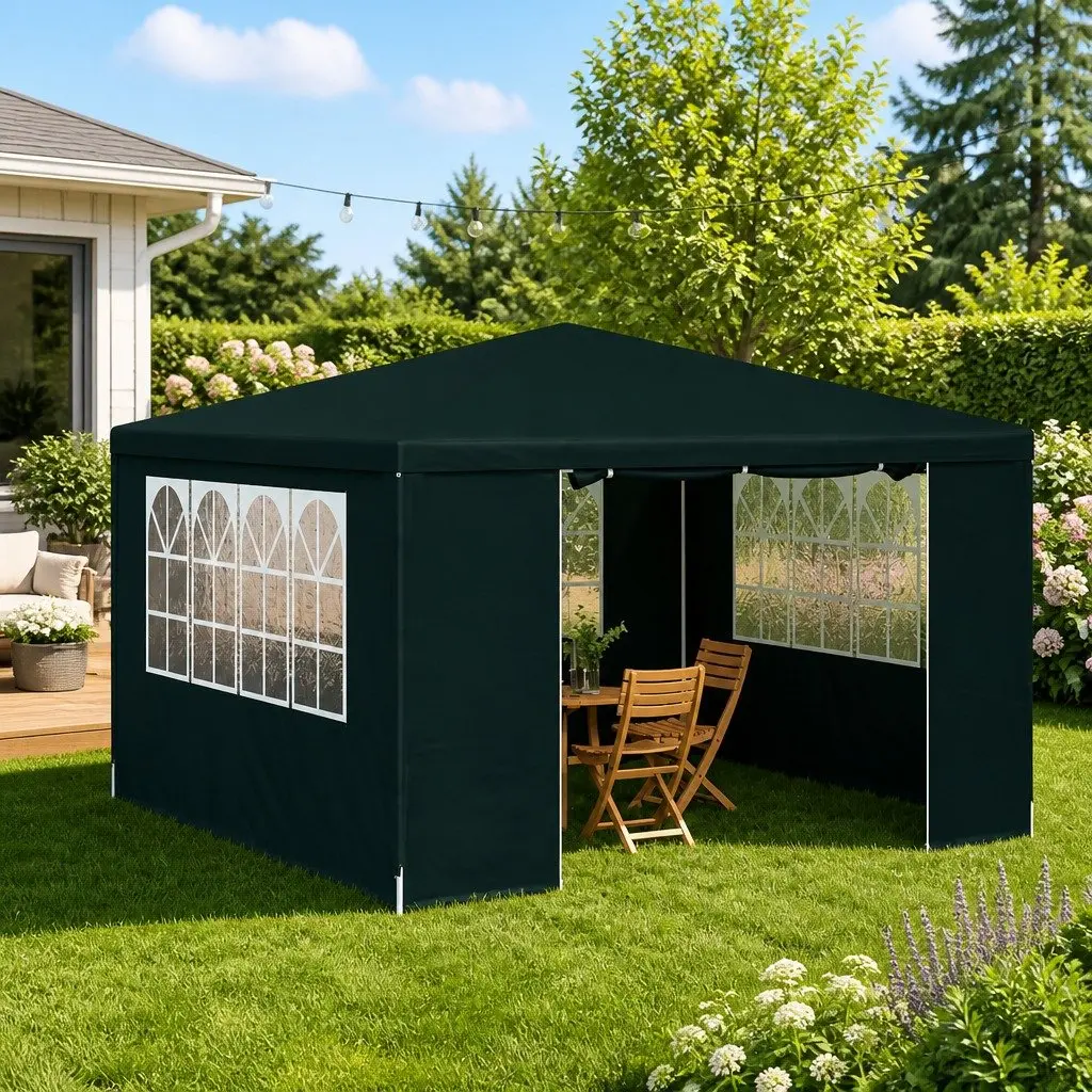Outdoor Canopy Gazebo 4x4m Green with UV Water Resistant Polyethylene Fabric Rust Resistant Steel Frame Side Walls Windows Door Panel