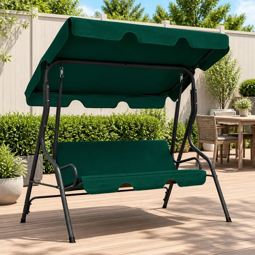 Outdoor Swing Bench with Canopy Green Powder-Coated Steel Frame Water-Resistant Polyester Fabric 170x110x153cm