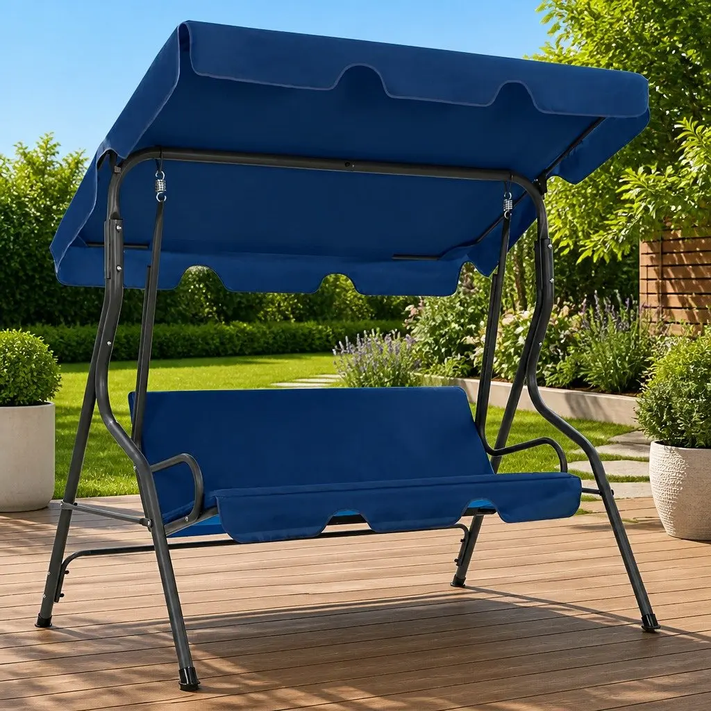 Garden Swing Bench Powder-coated Steel Frame Water-resistant Polyester Fabric Blue