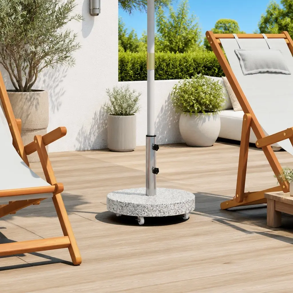 30kg Round Outdoor Umbrella Stand Grey Granite Base with Locking Bolts and Castors